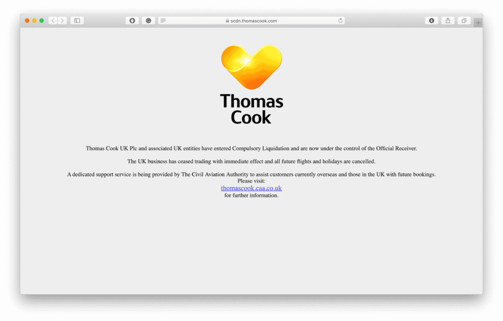 Landing page of Thomas Cook website stating that the company is being liquidated and all trips have been canceled.