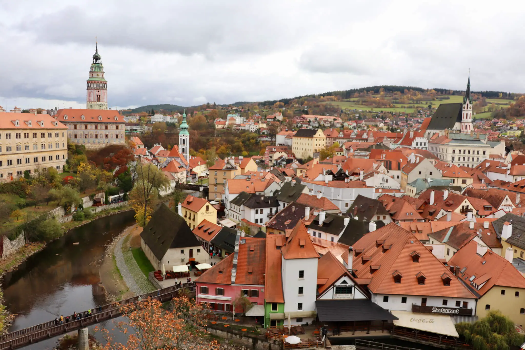 Red-roofed buildings and spires of the old town in Cesky Krumlov