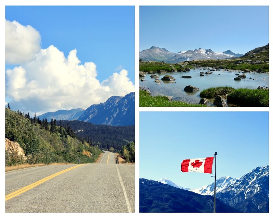 Collage of Yukon photos, including mountain road, icy lake, and Canadian flag in front of mountains