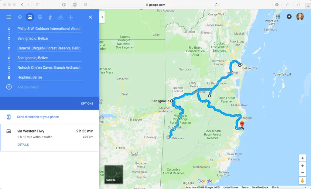 Google Maps screenshot of vacation route in Belize