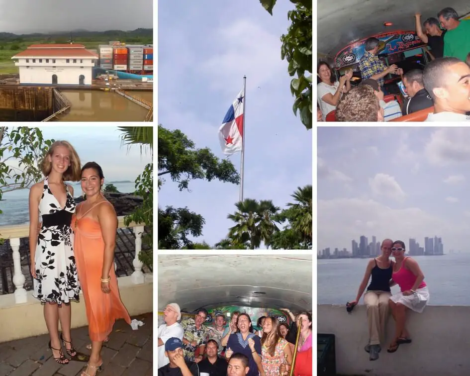 Collage of Panama photos, including canal, flag, shiva party bus, and group shots