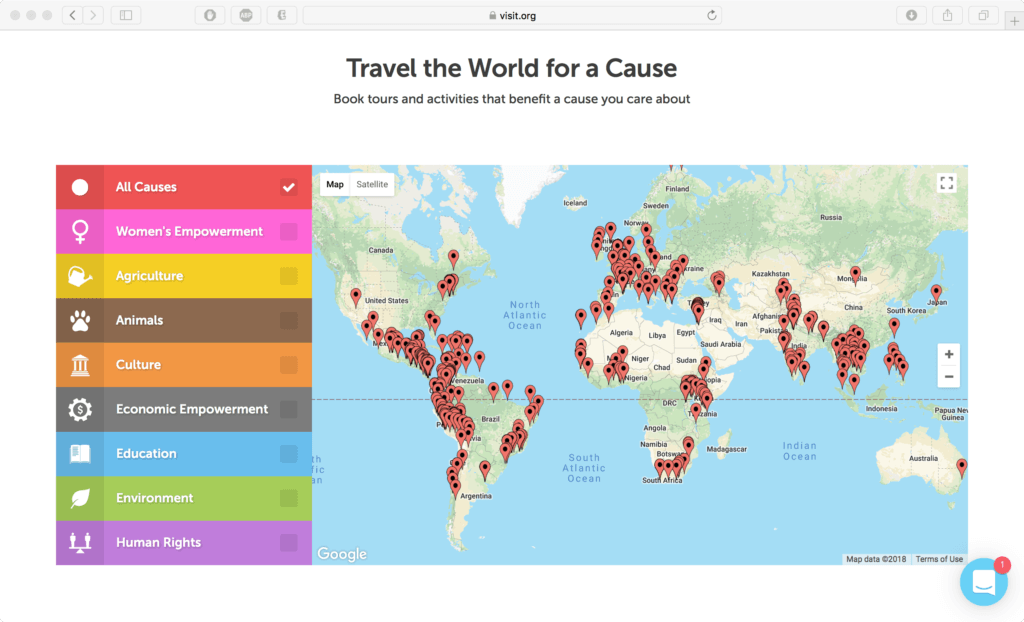 Screenshot of map of Visit.org experience locations