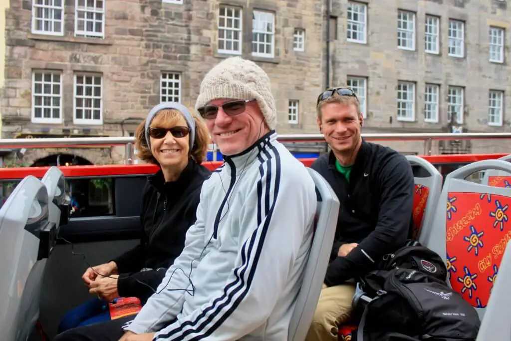 M and his parents on the open-air bus. Our week in Scotland itinerary included some impromptu additions!