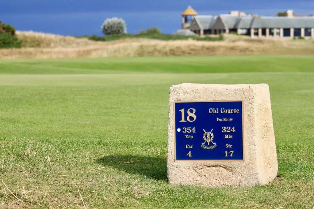 Marker at 18th hole on St. Andrews Old Course