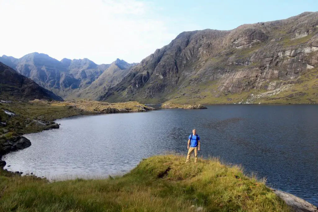 M at Loch Coruisk with mountains behind