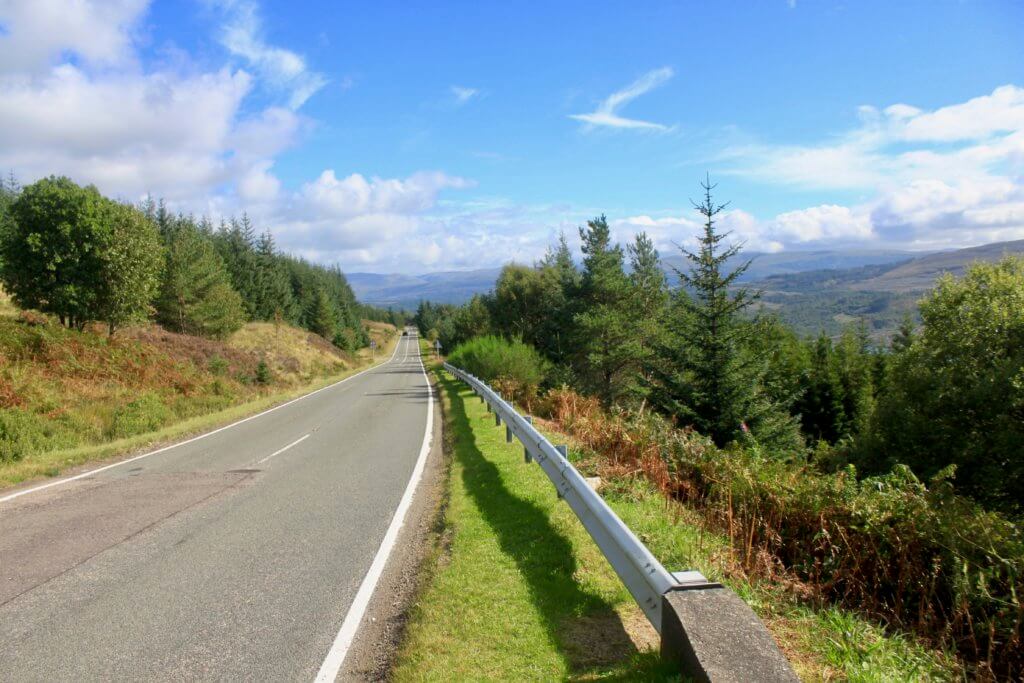 Mountain road with trees on either side