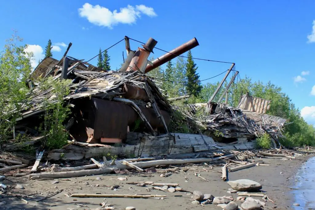 Sternwheeler wreckage along the banks of the Yukon