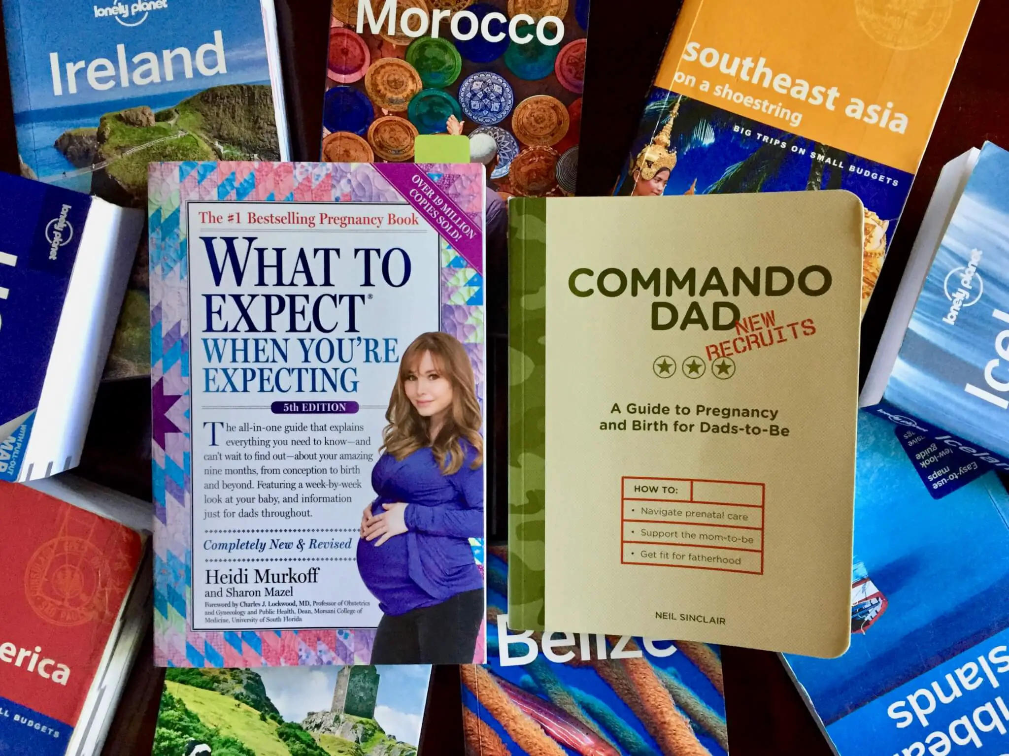 Parenting books on top of Lonely Planet travel guidebooks