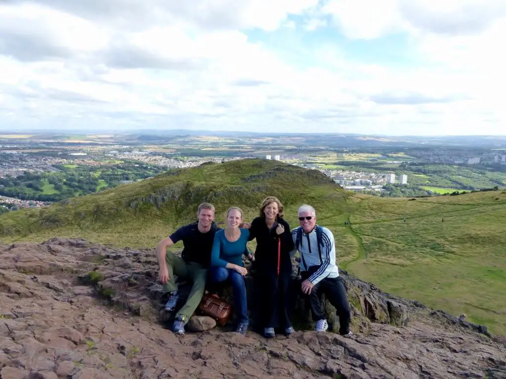 M, his parents, and Gwen atop Arthur's Seat in Edinburgh. Multigenerational travel at its finest!