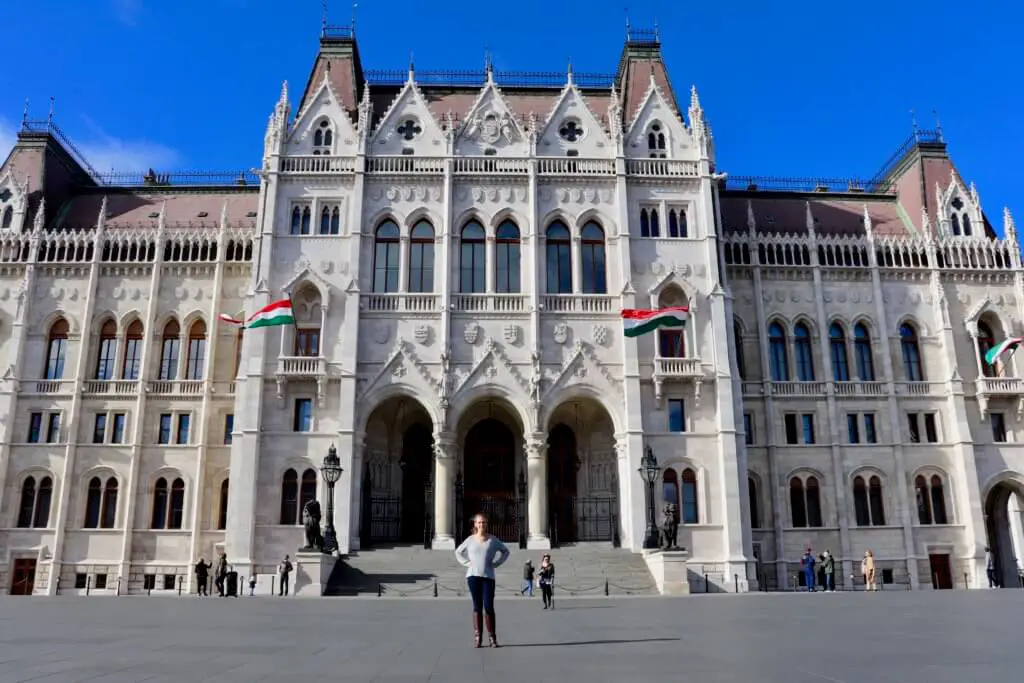 Gwen in front of the Hungarian Parliament Building