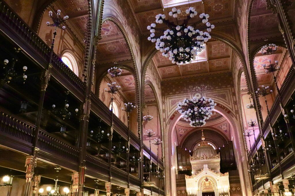 Synagogue interior with chandeliers