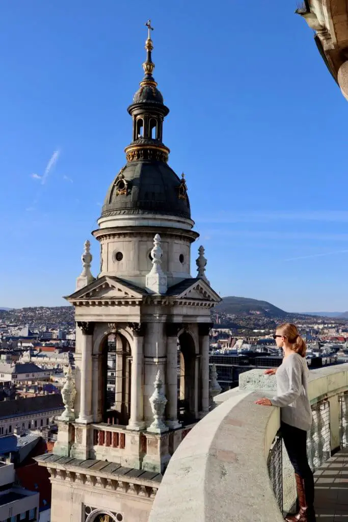 Gwen looking out over Budapest from viewing platform at the top of the Basilica