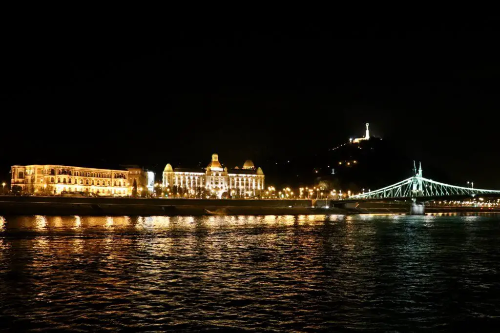 Sights along the Danube during our dinner cruise, including the Hotel Gellert, Elisabeth Bridge, and Liberty Monument