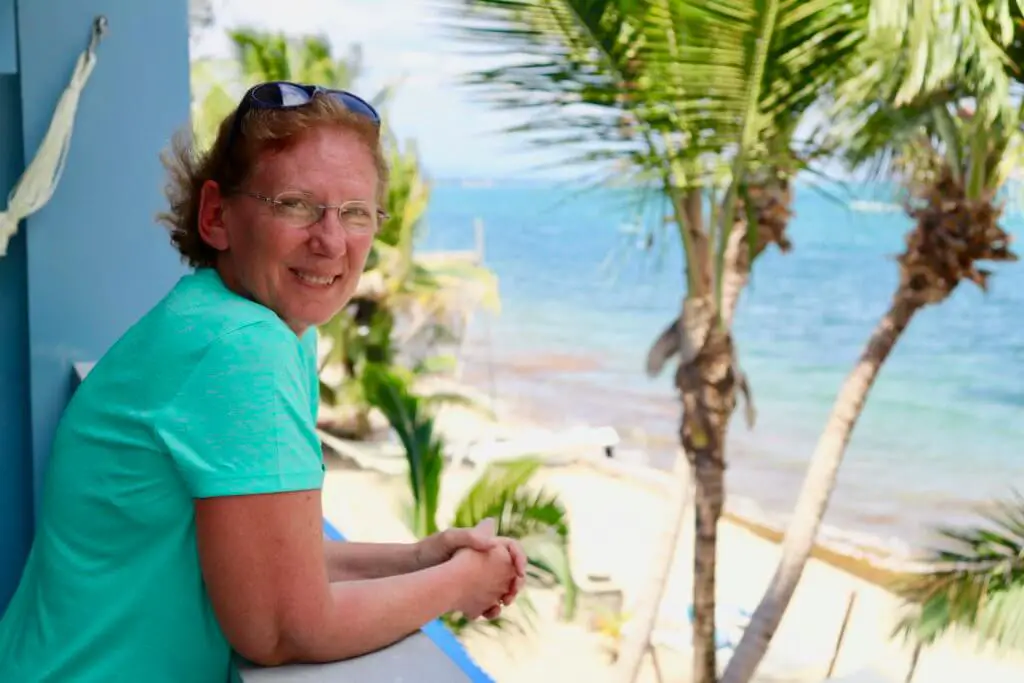 Mom enjoying the view from our balcony in Hopkins, Belize