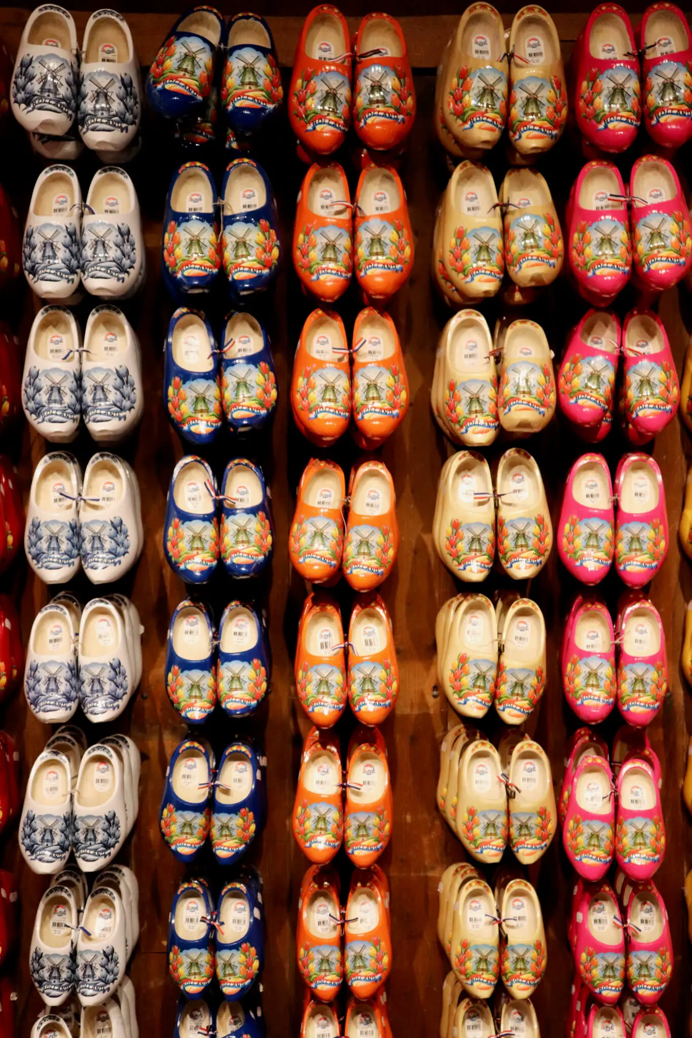Colorful souvenir wooden shoes on display