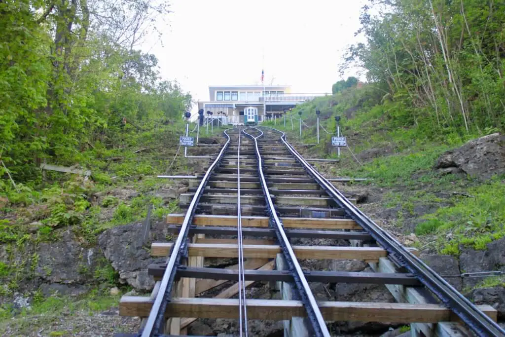 Looking up the steeply inclined tracks of the Fenelon Place Elevator