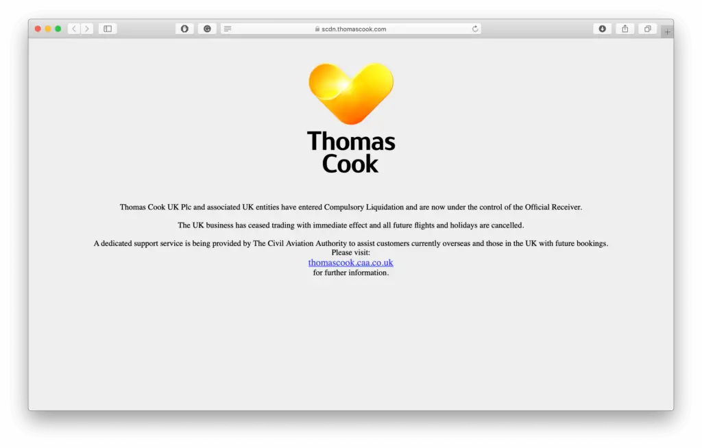 Landing page of Thomas Cook website stating that the company is being liquidated and all trips have been canceled.