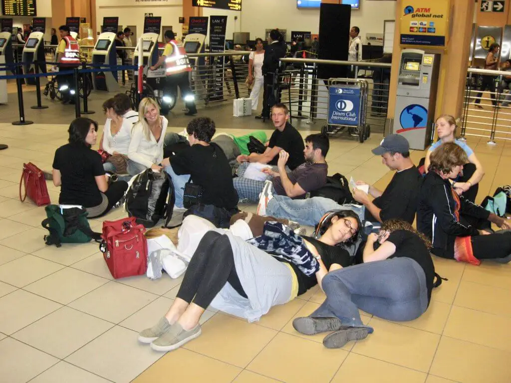 Group on the floor waiting at the Lima Airport