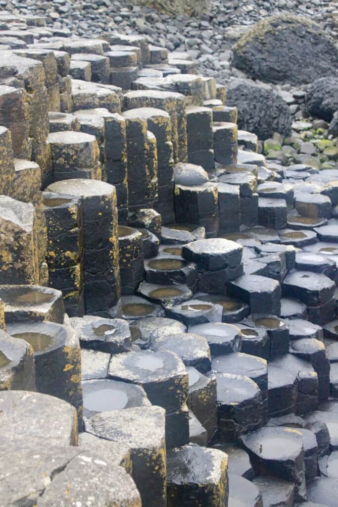 Close-up view of cylindrical rock formations on Giant's Causeway