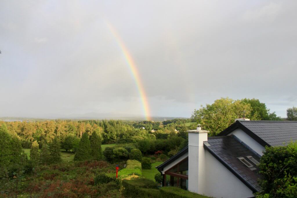 Vivid rainbow with fainter second rainbow over trees