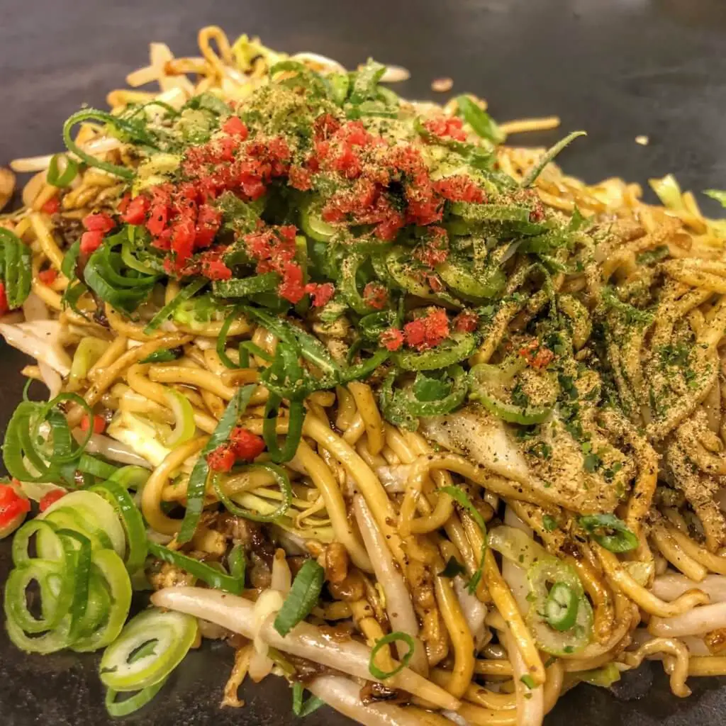 Fried noodles with scallions and other garnishes