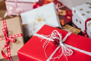 Festively-wrapped Christmas presents with bows