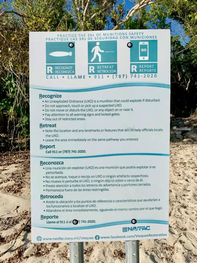 Sign on a beach in Vieques explaining the risk of unexploded ordnance