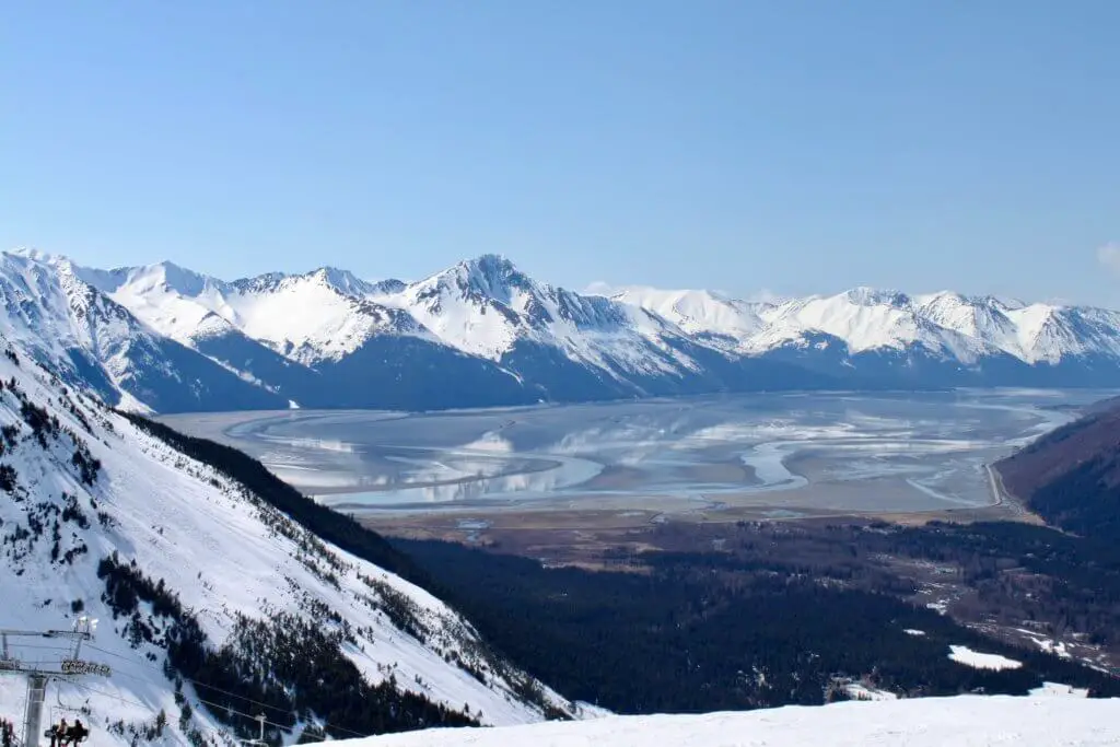Snow-capped mountains ringing the Turnagain Arm in Alaska