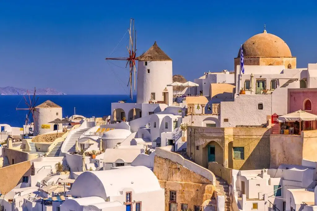 White buildings and windmills of Santorini