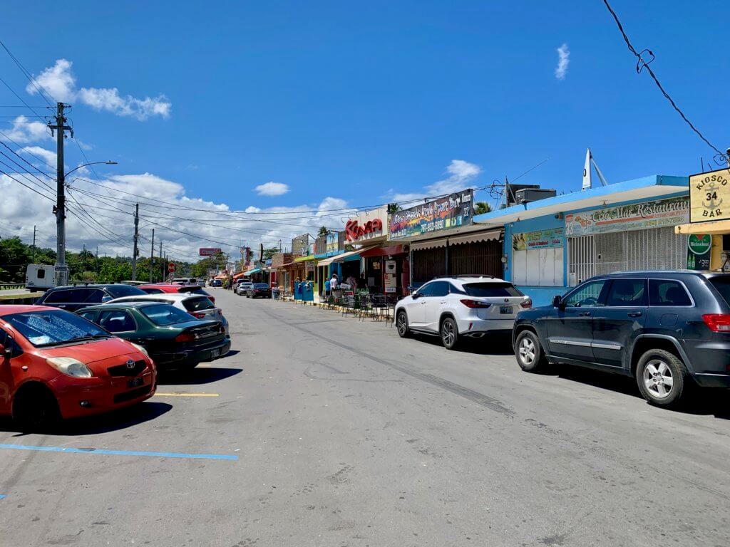 Row of food kiosks in Luquillo