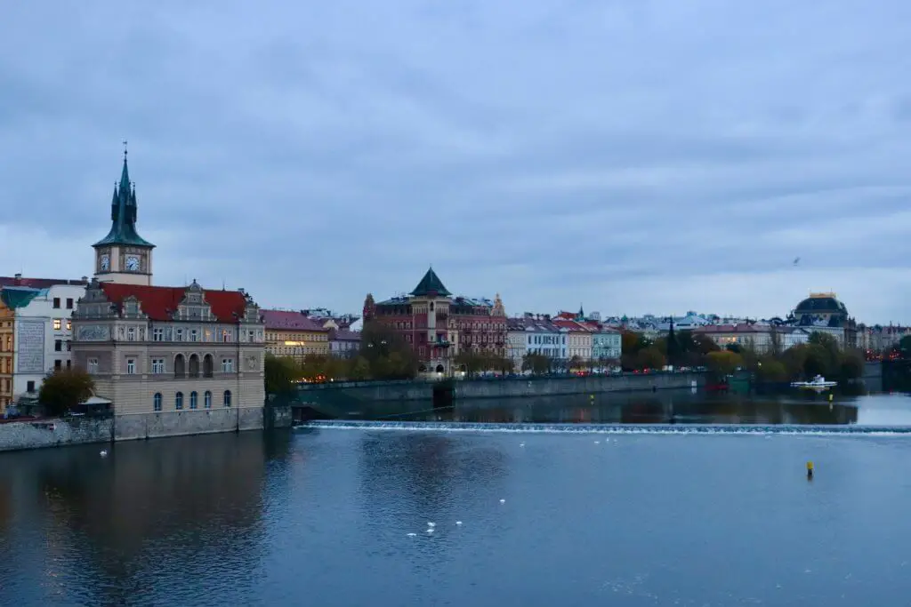 Another view of the Prague riverfront with colors visible
