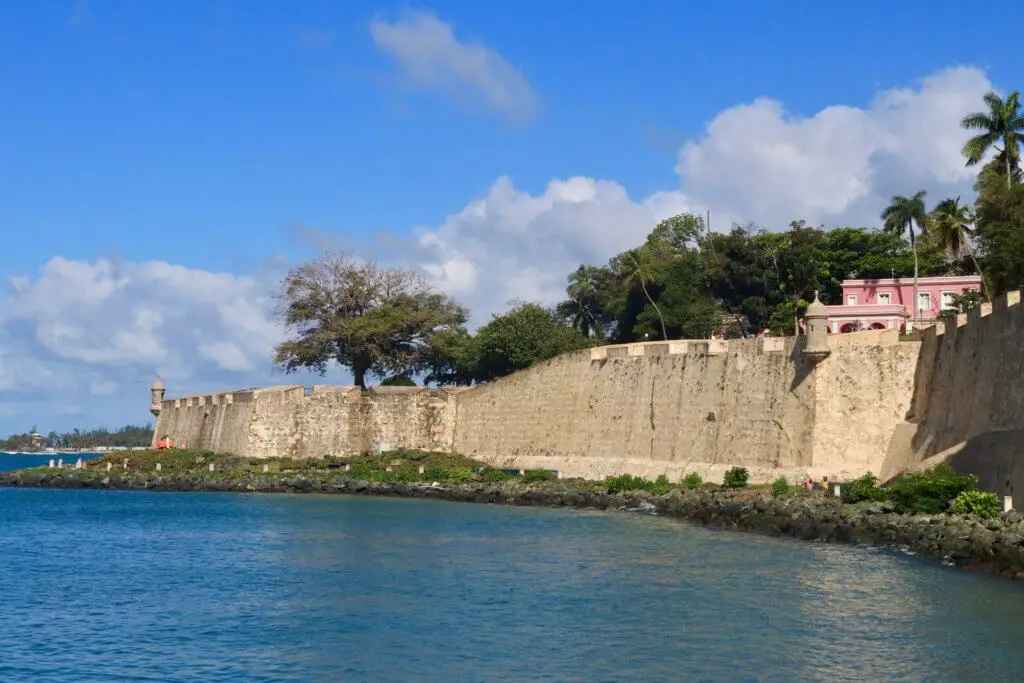 City walls of San Juan with garitas and bay