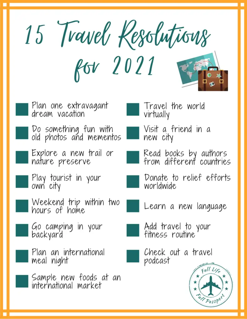 Use this checklist to tackle fifteen travel-related resolutions for 2021! Some are perfect for completing at home, others are great for when we can start taking small steps out into the world.