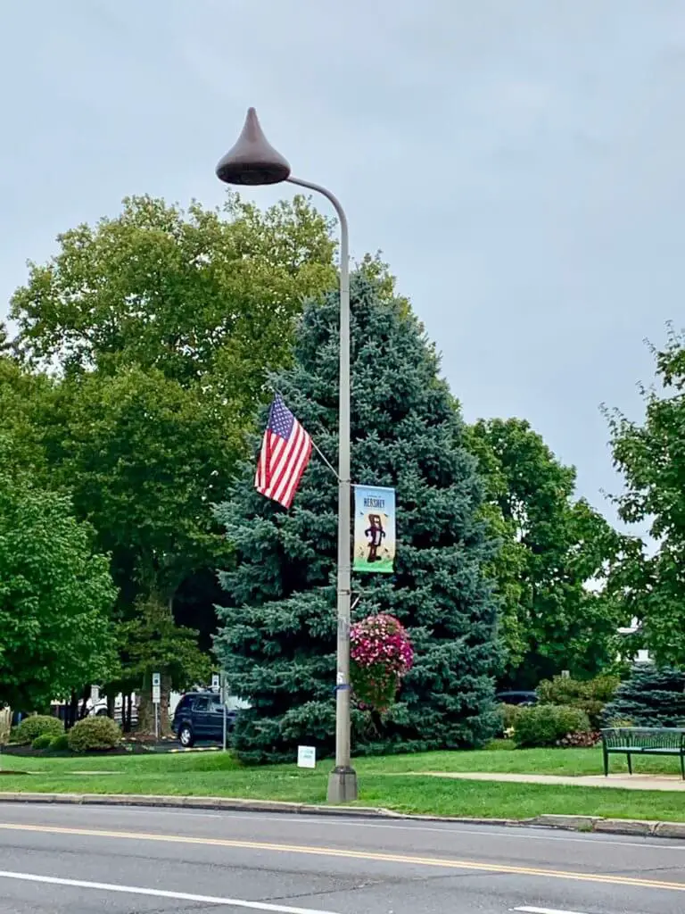 Lamppost with Hershey Kiss light fixture and American flag