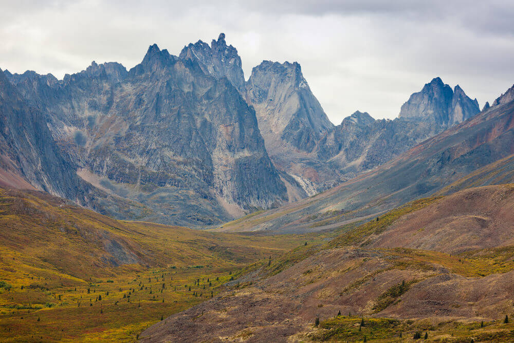 Jagged, rocky mountains in Tombstone Territorial Park