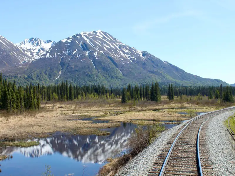 Snow-capped mountains, pine forest, and railroad tracks in Alaska's interior. One thing to know before visiting Alaska: you're missing out if you don't go inland!