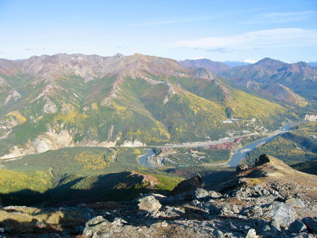 Tiny McKinley Park with the Nenana River wrapping around, as seen from the peak of Mt. Healy