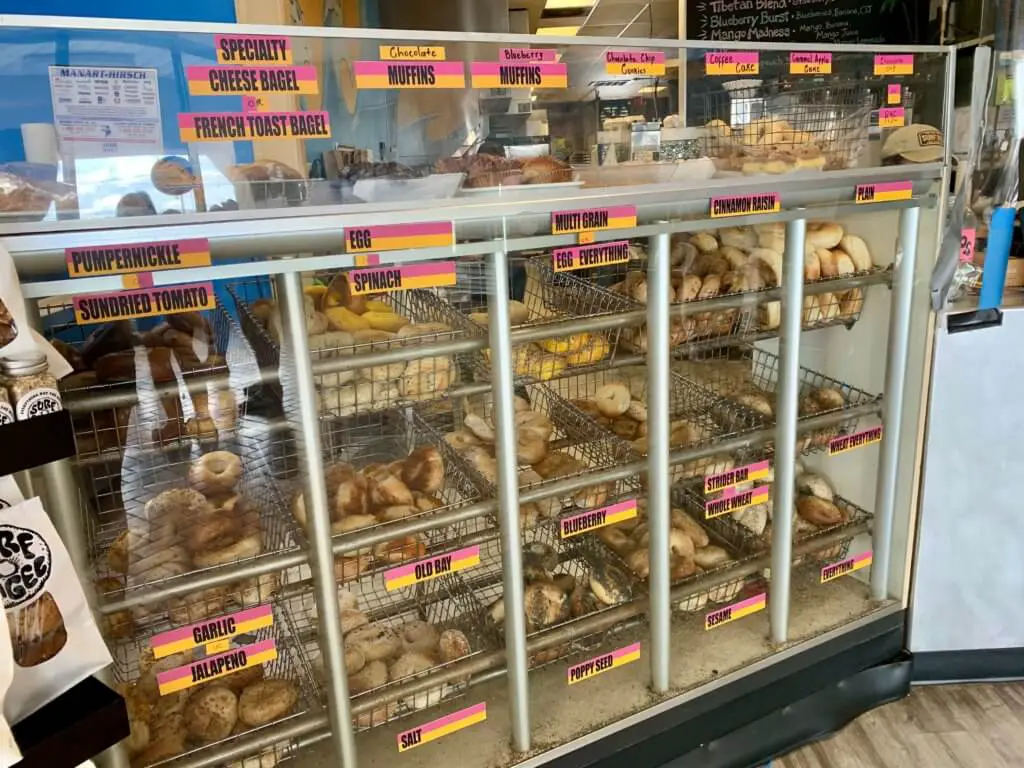 Bagel case at Surf Bagel, one of the best restaurants in Rehoboth Beach for quick eats.