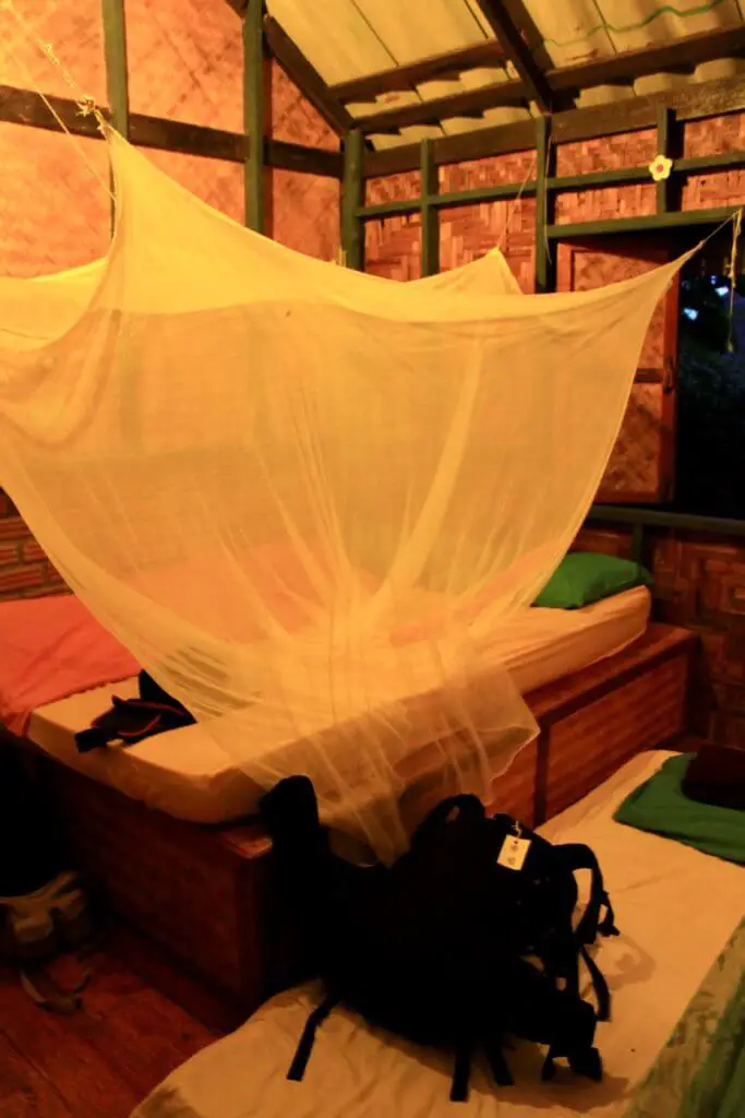 Mattresses and mosquito netting inside our bungalow