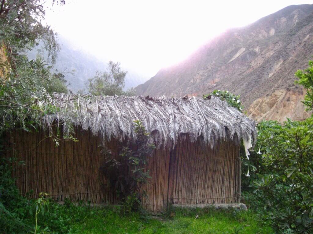 A thatched-roof bamboo hut on the canyon floor