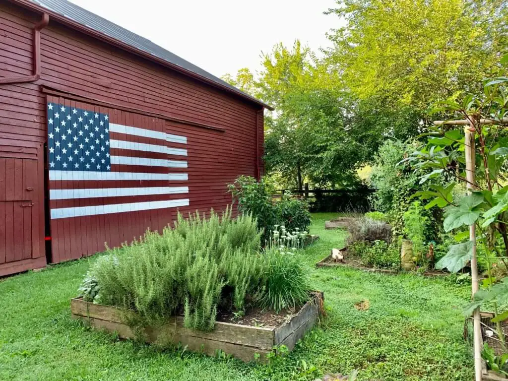 Garden with a red barn painted with an American flag