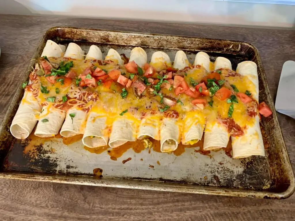 A tray of breakfast enchiladas on the second morning of our Virginia wine country bachelorette weekend