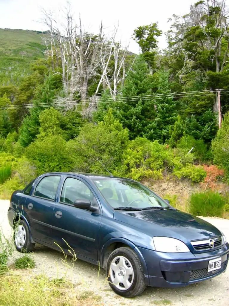 Blue car parked in front of green foliage starting off along Argentina's Ruta 40