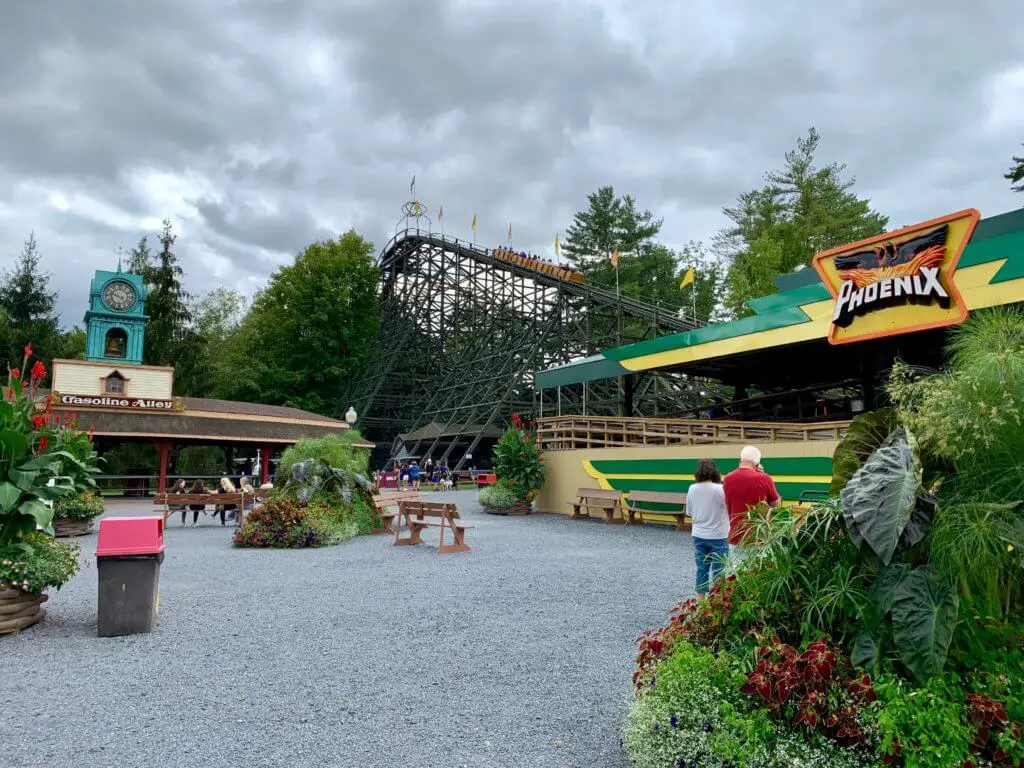 View of the Phoenix, a wooden roller coaster and one of the most iconic rides at Knoebels