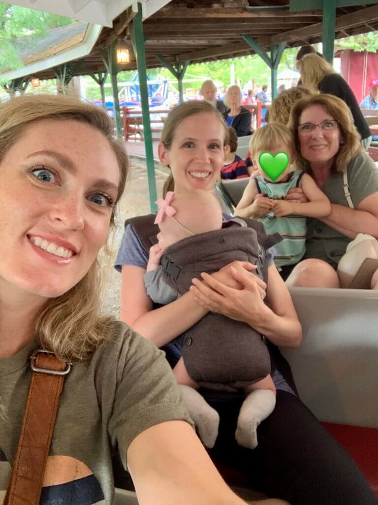 Brooke, Gwen, S, E, and Gwen's mom on the Pioneer Train at Knoebels