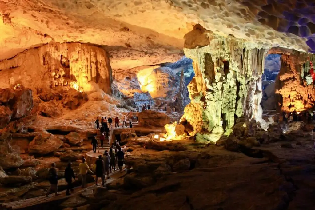 Huge, illuminated interior of Sung Sot Cave