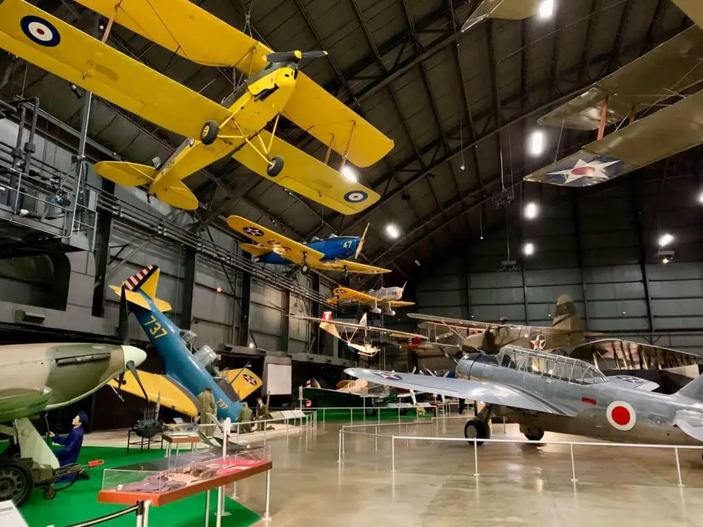 Early Years Gallery at the Air Force Museum, with big yellow biplane in foreground