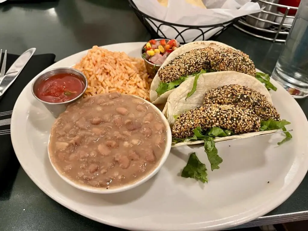 Avocado tacos, beans, and rice at the Plaza Cafe in Santa Fe.