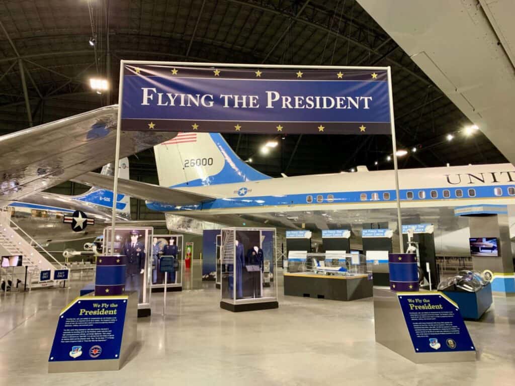 Presidential aircraft display with "Flying the President" banner