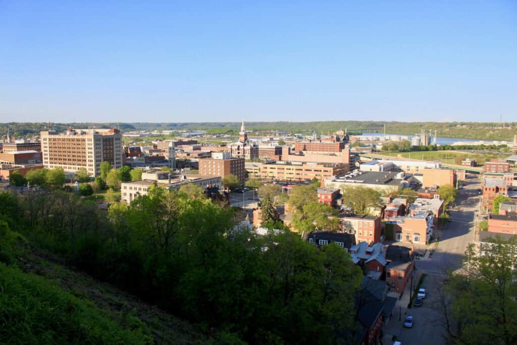 City of Dubuque, Iowa, and Mississippi River seen from the top of a hill